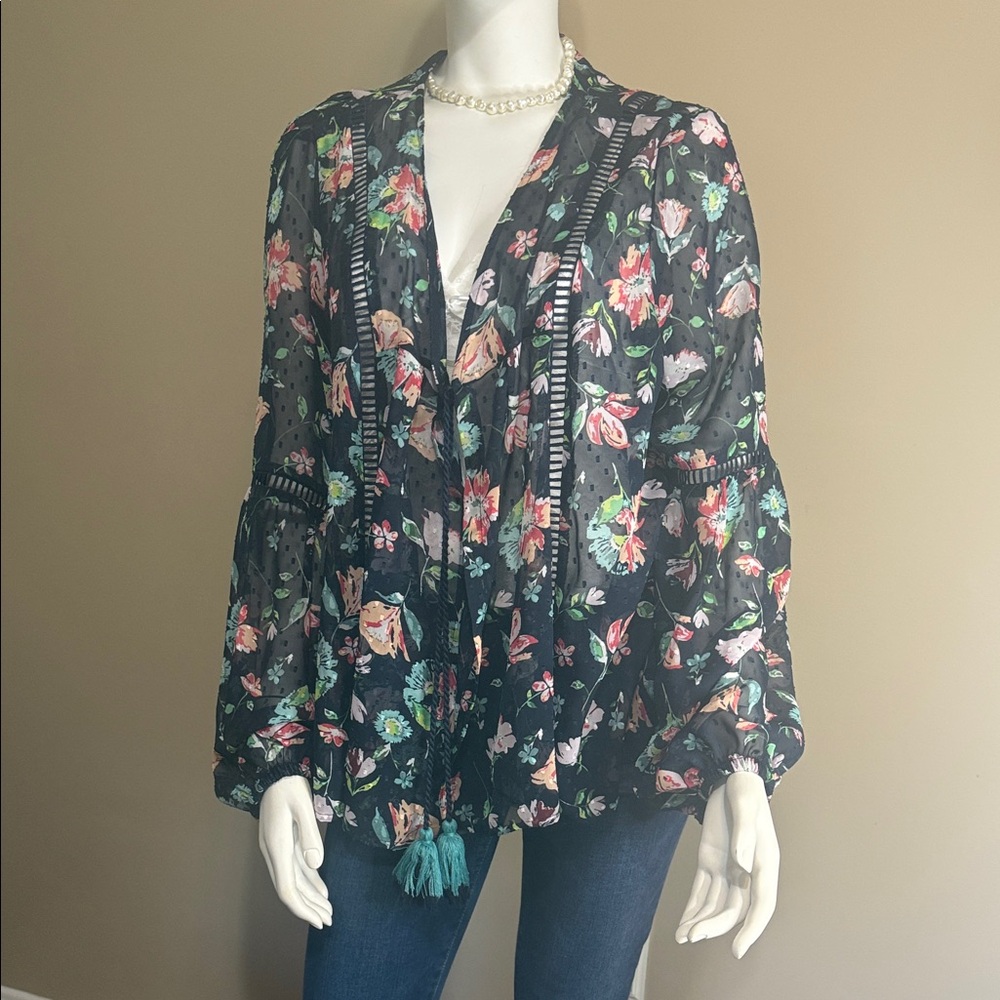 Time and Tru Navy Floral Kimino with Tassels